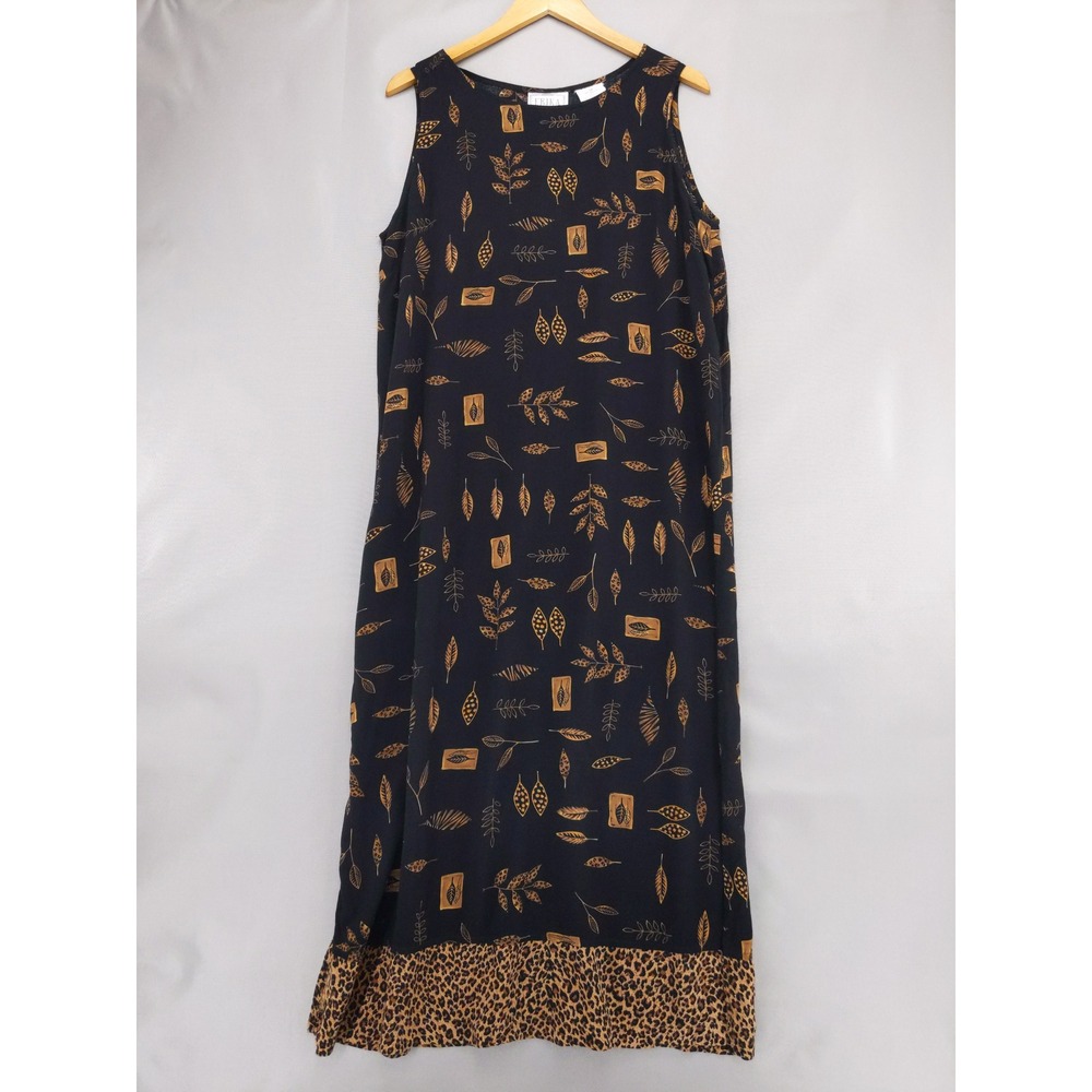 Vintage 90s Erika Studio Maxi Dress Womens Medium Black Leaf Leopard Print Rayon
